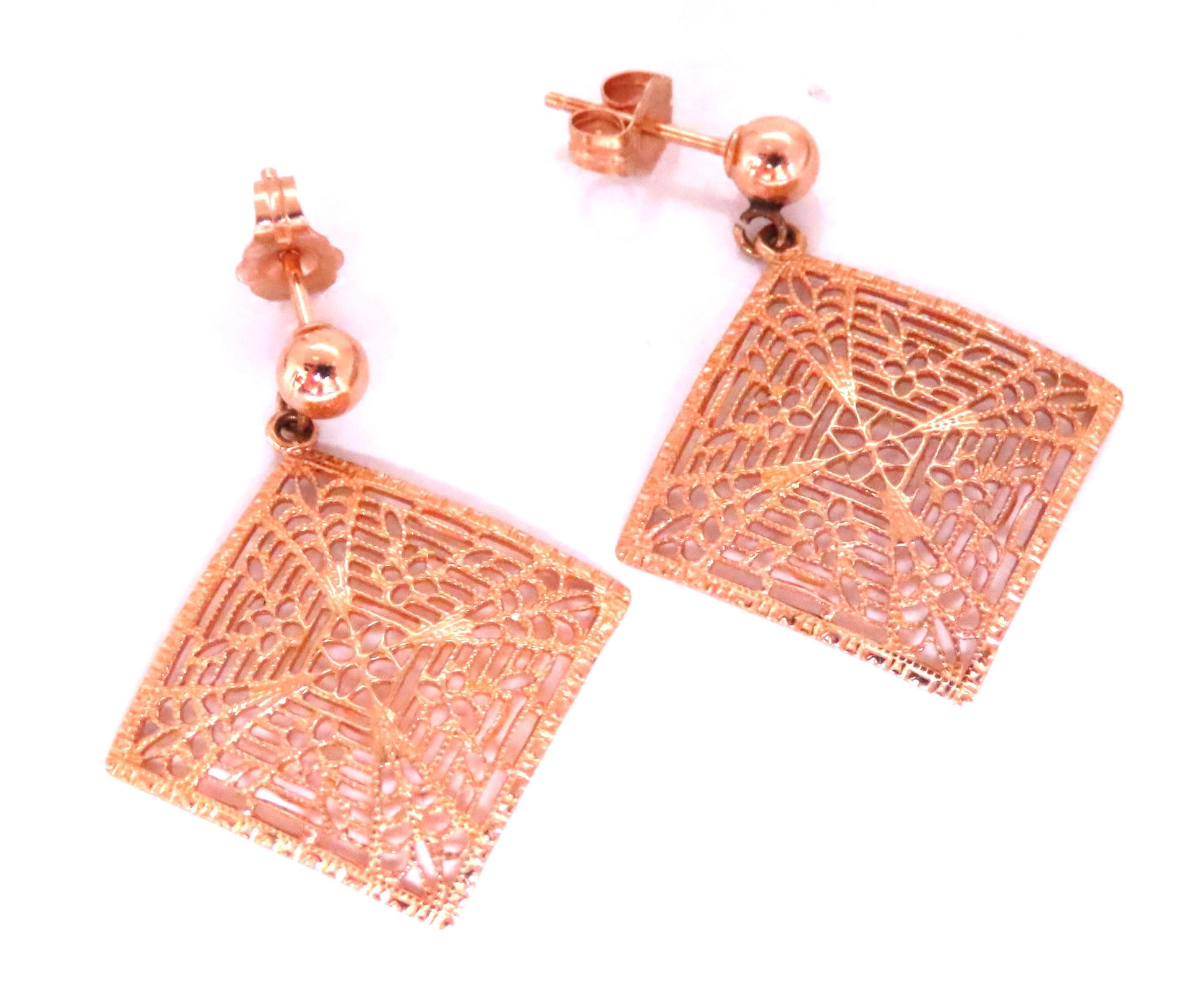 Square Web Dangle Gold Earrings 14kt 12505