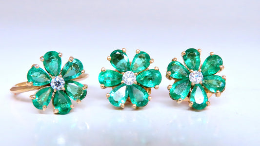 Natural Emerald Diamonds Cluster Earrings Ring Suite 18kt 12503