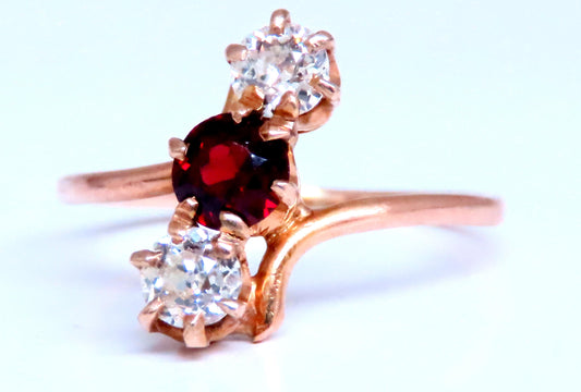 Antique Garnet Three Stone Diamonds Ring 14kt Gold 12548