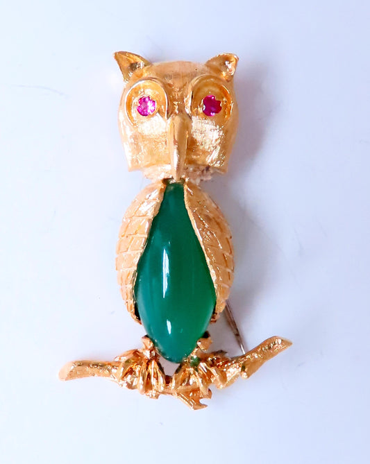 Owl Jade Ruby Figurine 3D Brooch Pin 18kt gold 12554