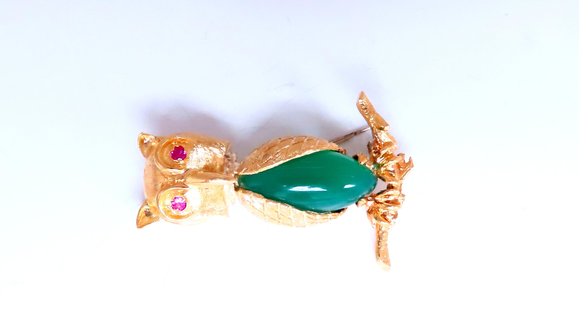 Owl Jade Ruby Figurine 3D Brooch Pin 18kt gold 12554