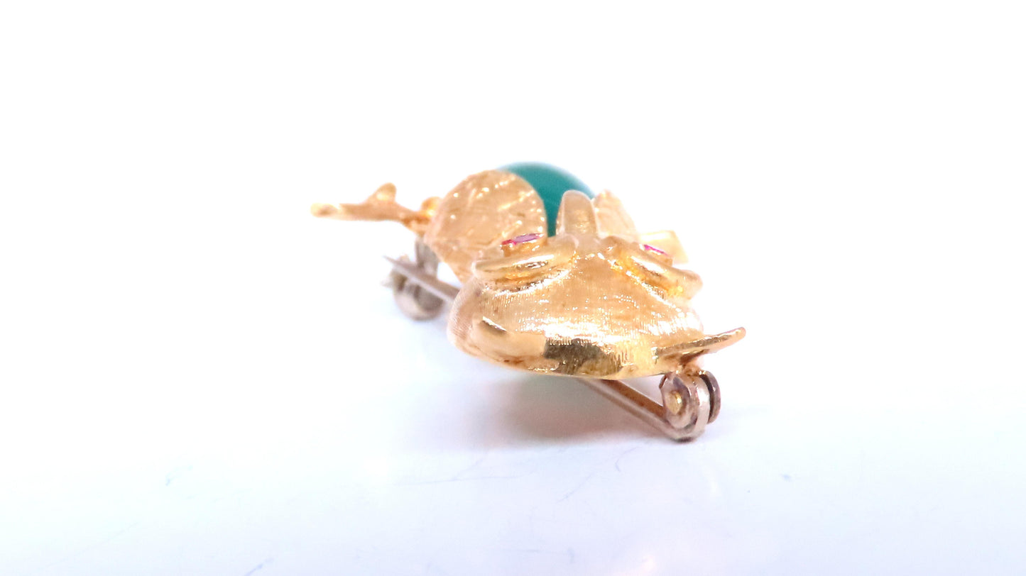 Owl Jade Ruby Figurine 3D Brooch Pin 18kt gold 12554