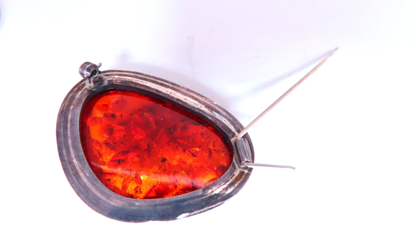 37 x 25mm Amber Sterling Silver Pear Shaped Brooch Pin 12559