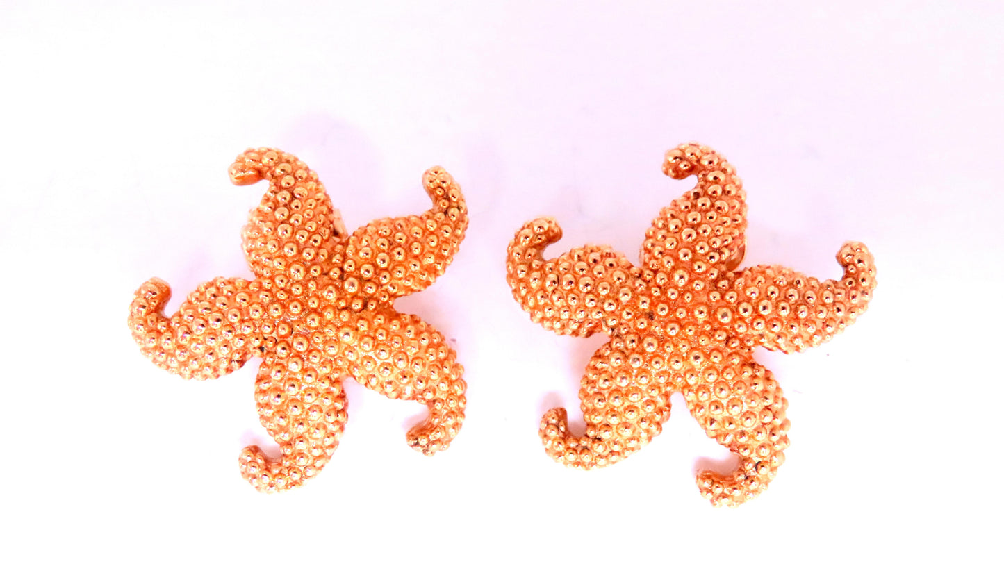 Wide Bahamas Star Fish Coral Beaded Earrings 14kt Gold 12580