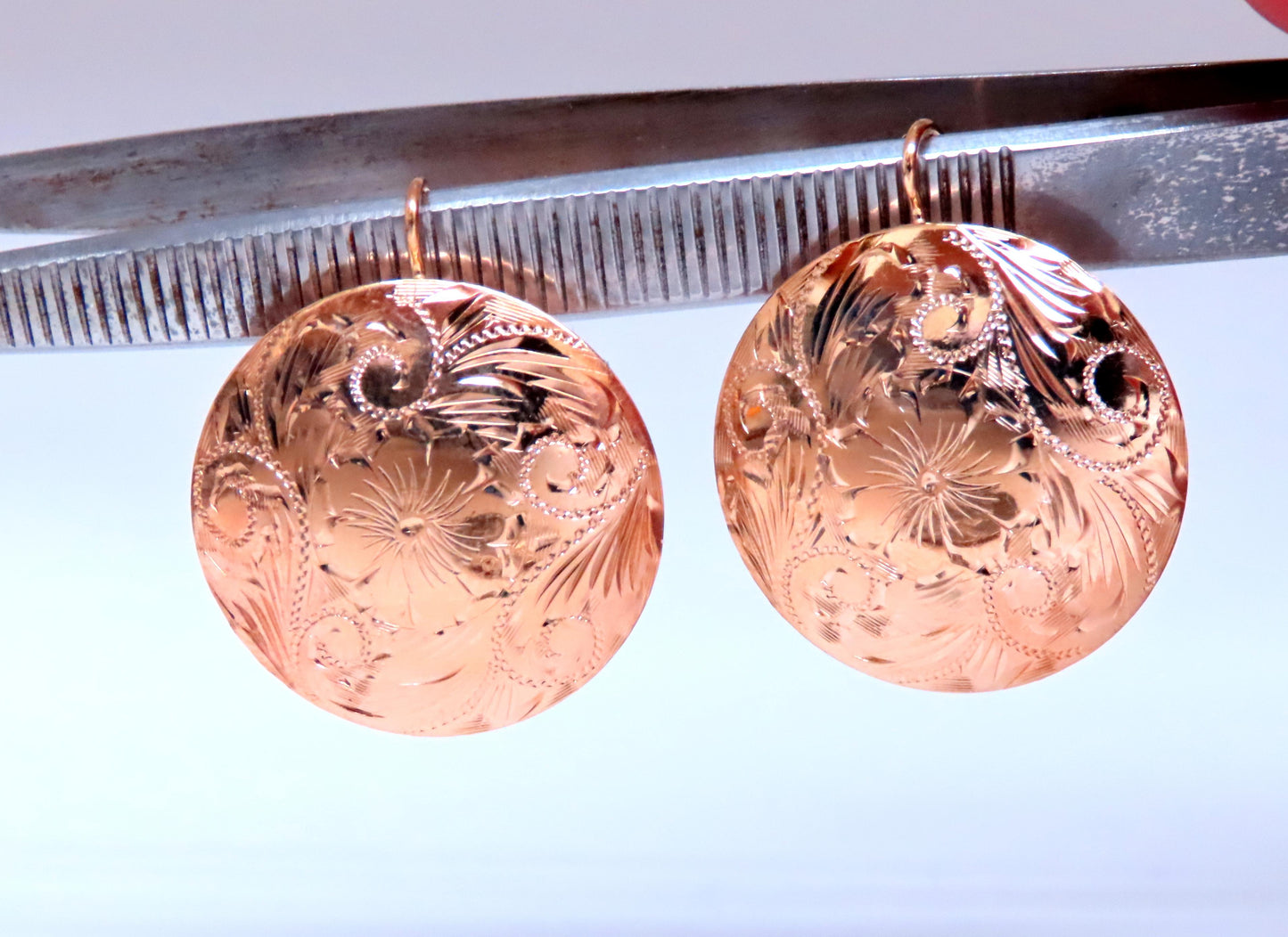 Detailed Engraved Vintage Restored Button Lever Wire Earrings 14kt Gold