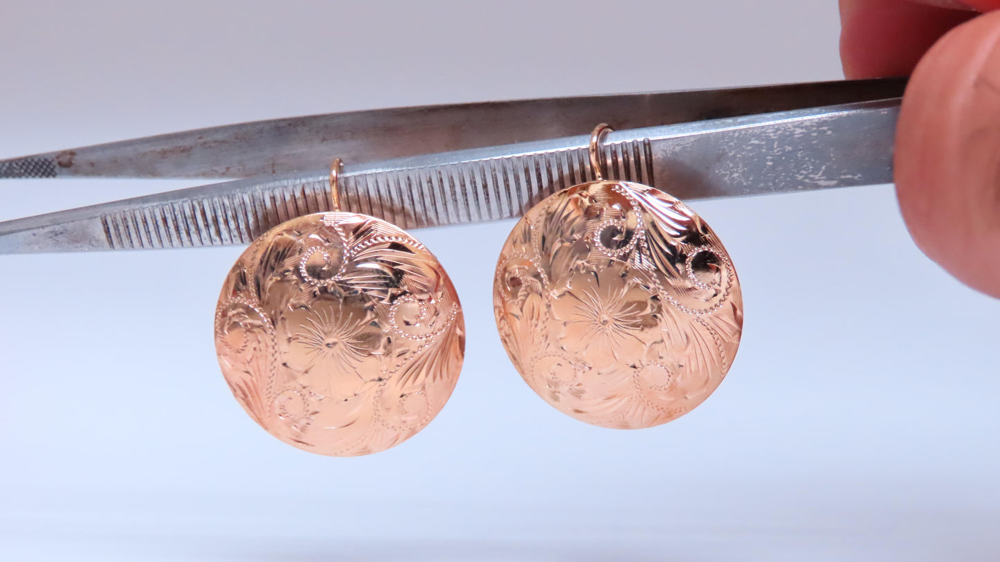 Detailed Engraved Vintage Restored Button Lever Wire Earrings 14kt Gold