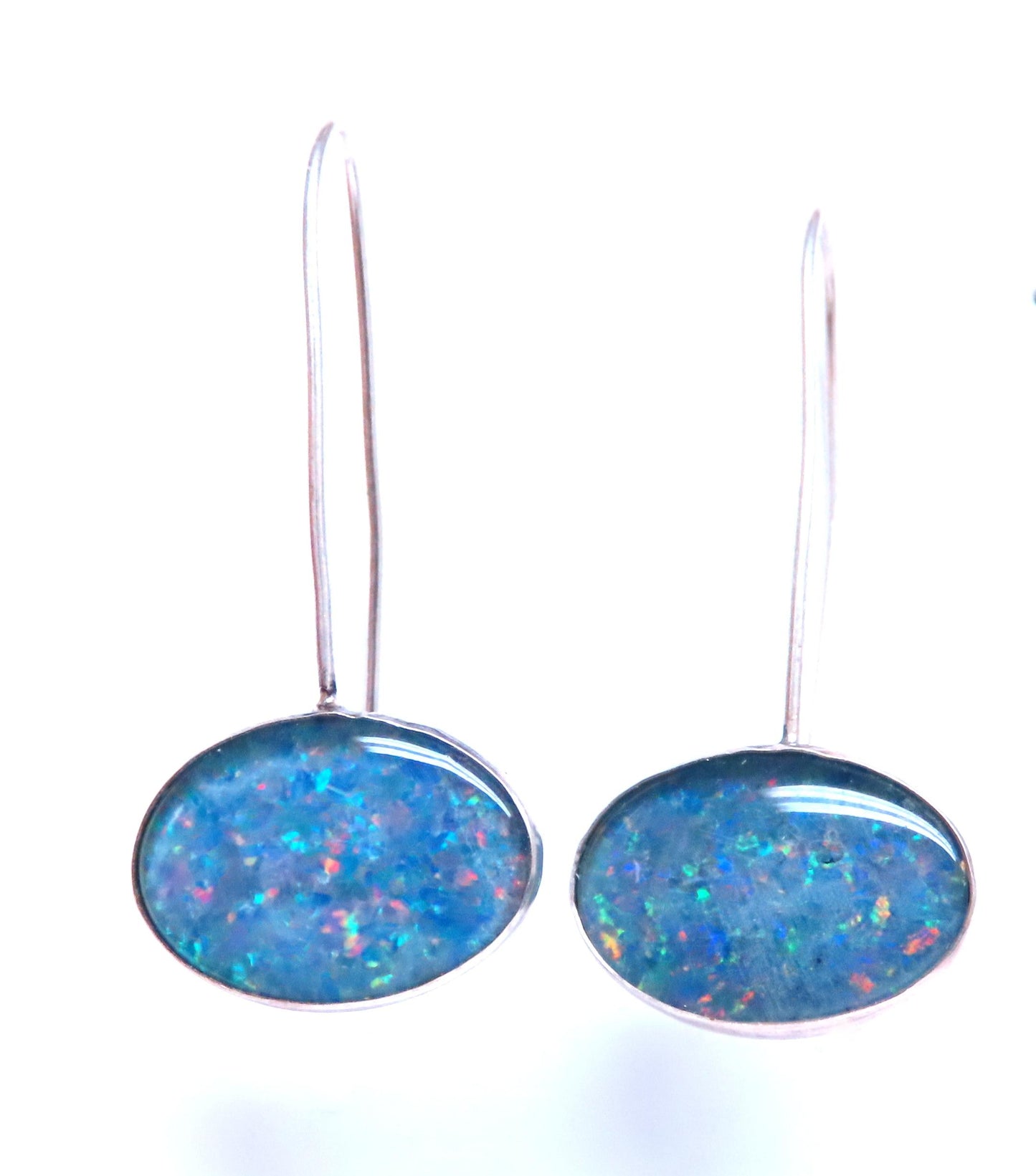 Handmade Silver Silver Opal Doublet Elongated Wire Earrings Sterling 12602