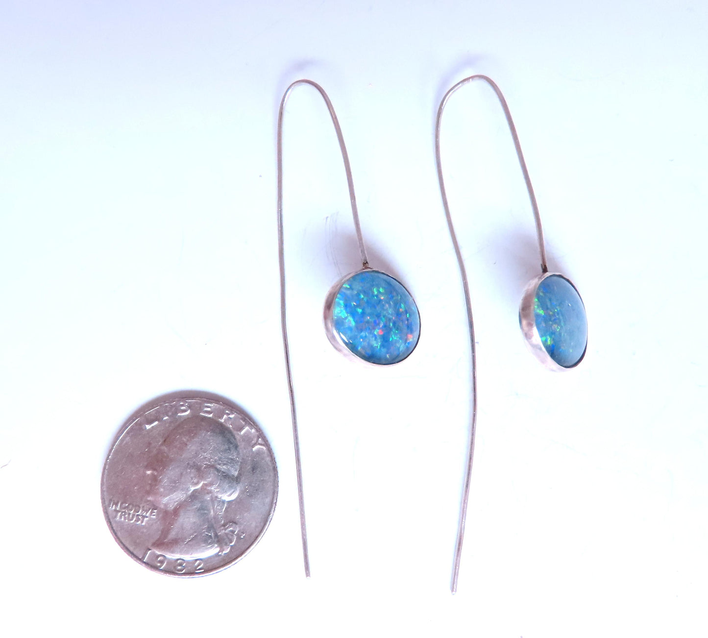 Handmade Silver Silver Opal Doublet Elongated Wire Earrings Sterling 12602