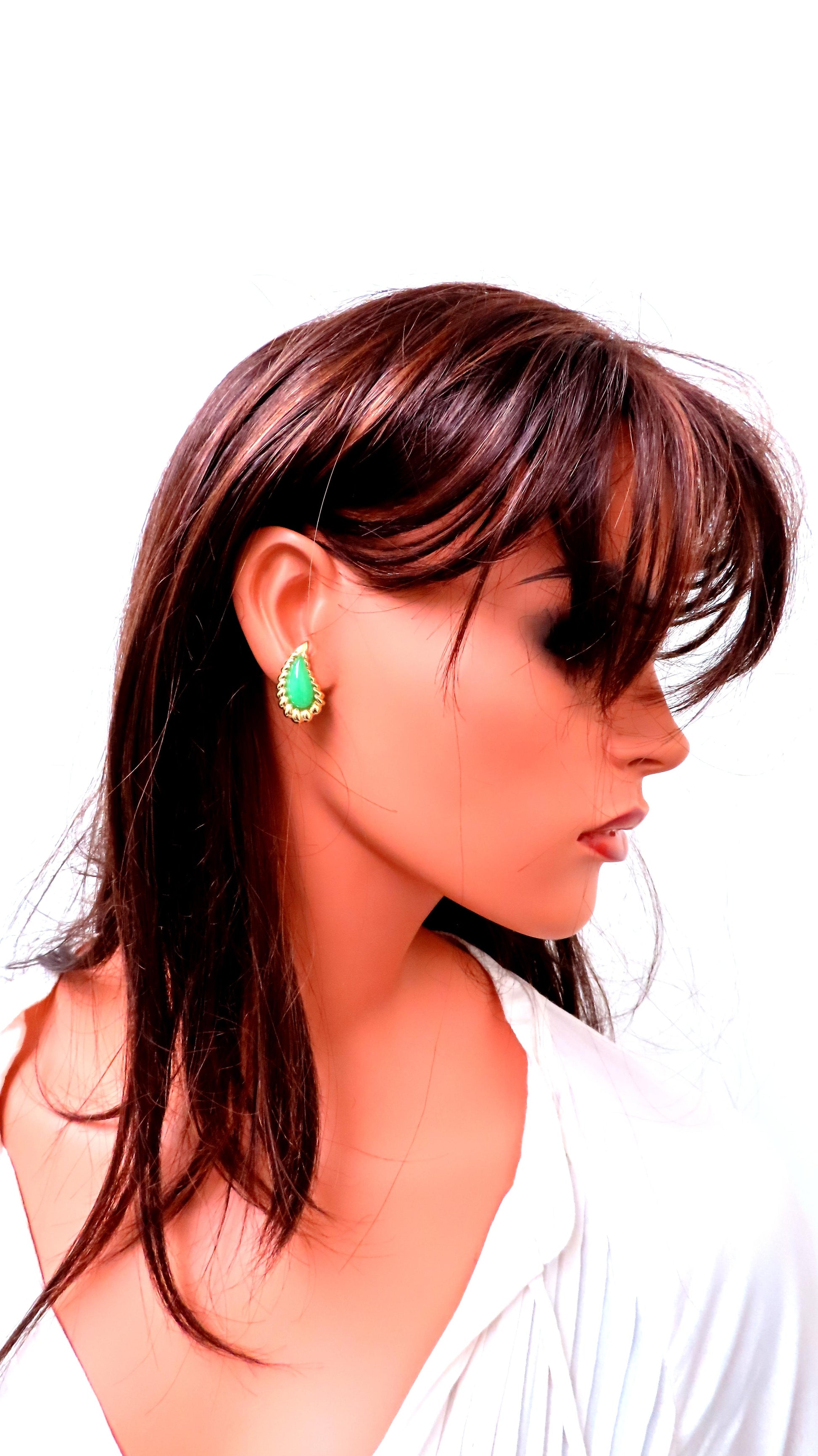 Pear Shape Jadeite Fern 3D clip earrings 18kt Gold 12603