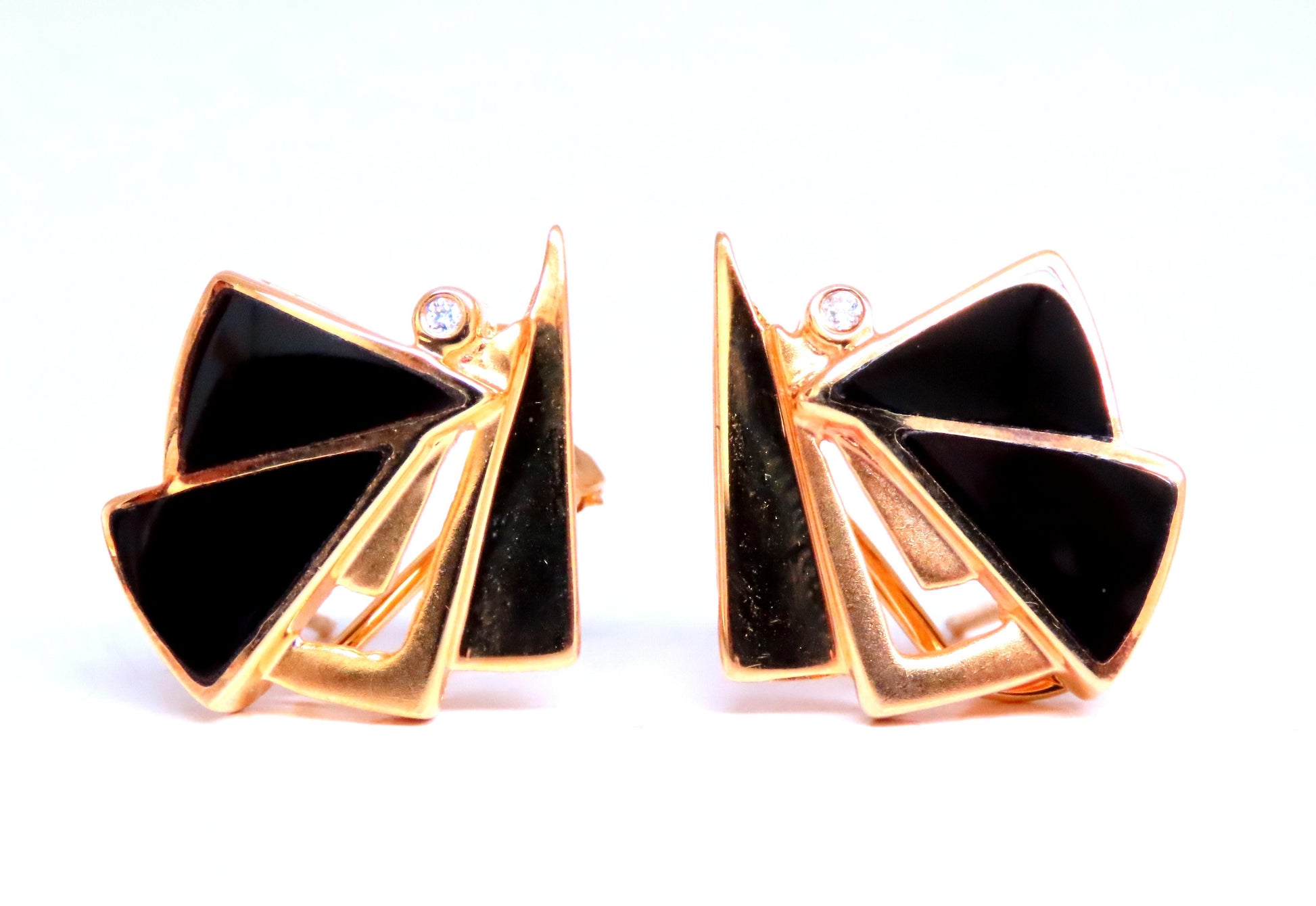 Step Tier Art Deco Style Onyx Clip Earrings 14kt Gold 12623