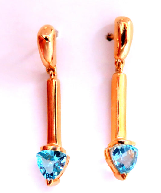 Natural Trilliant Swiss Blue Topaz Dangle Earrings 14kt Gold 12617