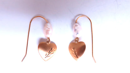 Rice Pearl And Heart Dangle Wire Earrings 14kt Gold Intricate 12604