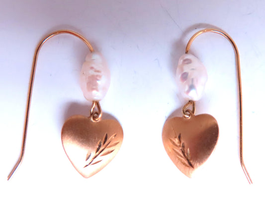 Rice Pearl And Heart Dangle Wire Earrings 14kt Gold Intricate 12604