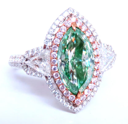 Important GIA Certified 3.06ct Natural Green Diamond Ring 18kt Gold Halo 12624