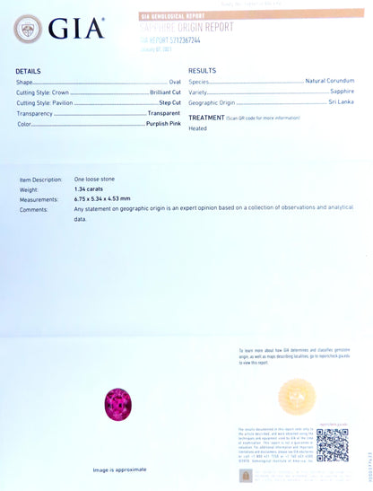 GIA Certified 1.34ct Natural Purple Pink Sapphire Ring 18Kt Gold 16520