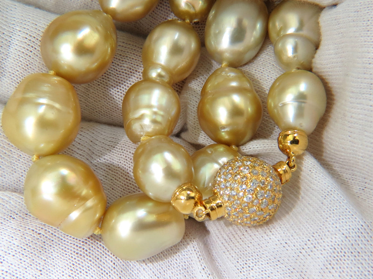 18KT 14.5M NATURAL SOUTH SEA YELLOW PEARLS NECKLACE 2.00CT DIAMOND CLASP *v