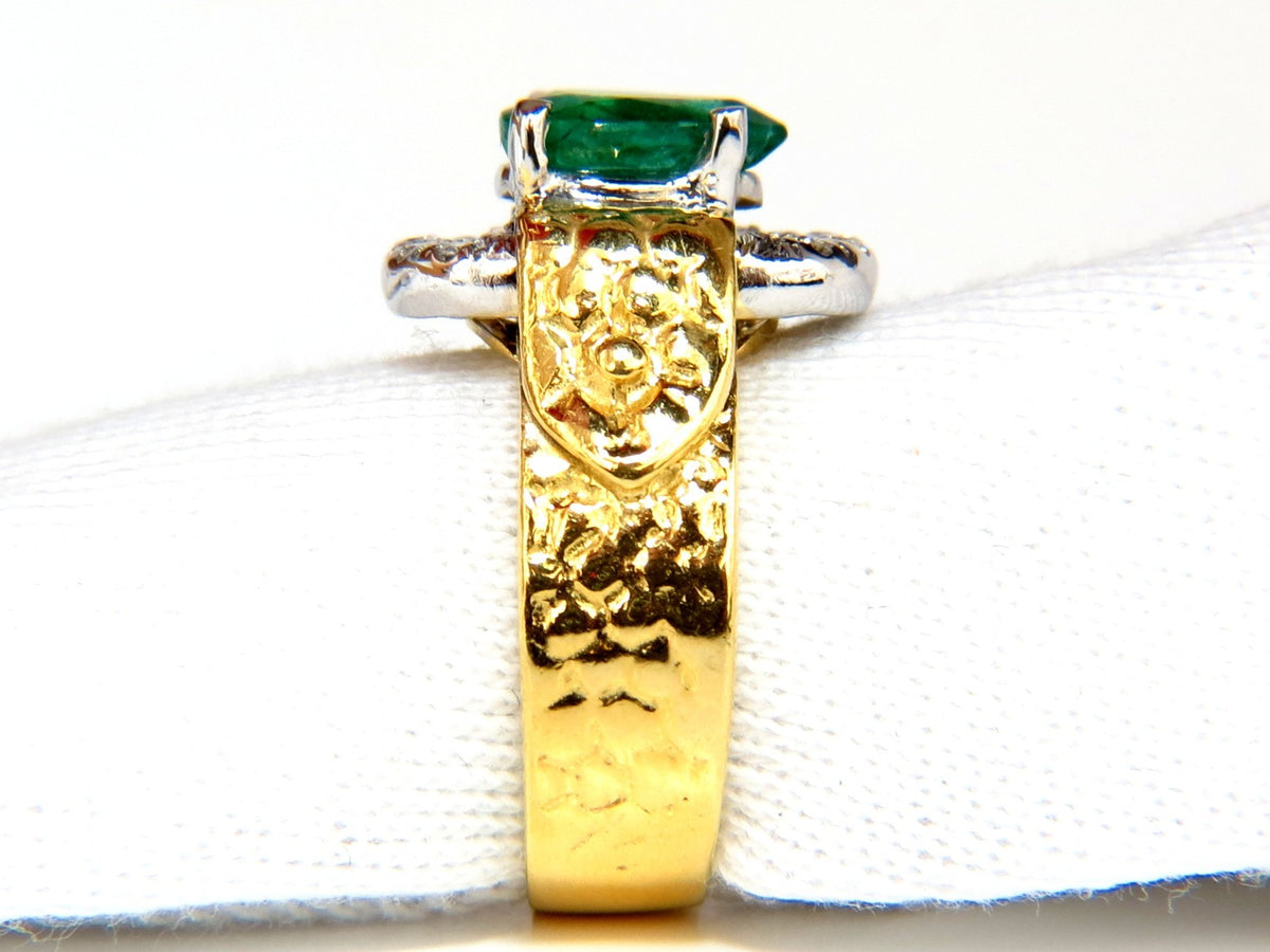 18KT GOLD 1.90CT NATURAL EMERALD DIAMOND RING HAMMERED DECO *v
