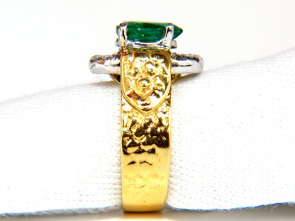 18KT GOLD 1.90CT NATURAL EMERALD DIAMOND RING HAMMERED DECO *v