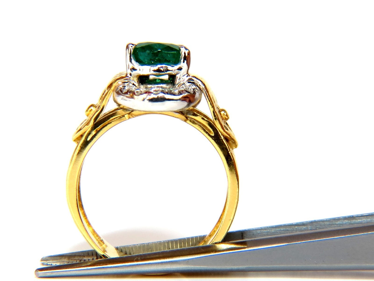 18KT GOLD 1.90CT NATURAL EMERALD DIAMOND RING HAMMERED DECO *v