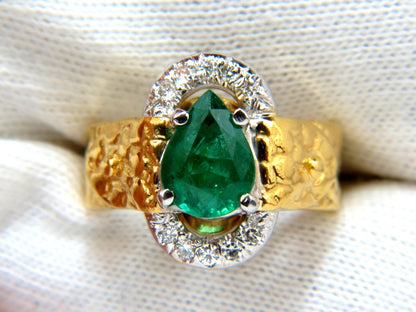 18KT GOLD 1.90CT NATURAL EMERALD DIAMOND RING HAMMERED DECO *v