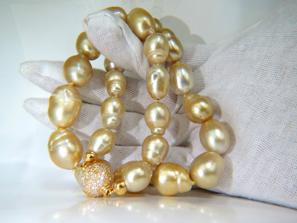 18KT 14.5M NATURAL SOUTH SEA YELLOW PEARLS NECKLACE 2.00CT DIAMOND CLASP *v