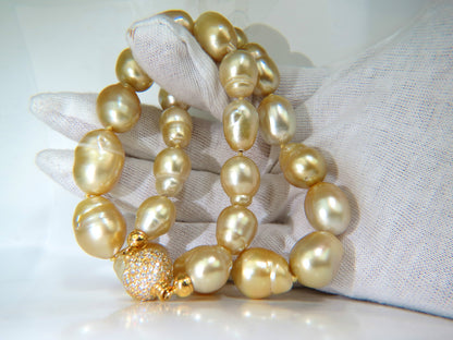 18KT 14.5M NATURAL SOUTH SEA YELLOW PEARLS NECKLACE 2.00CT DIAMOND CLASP *v