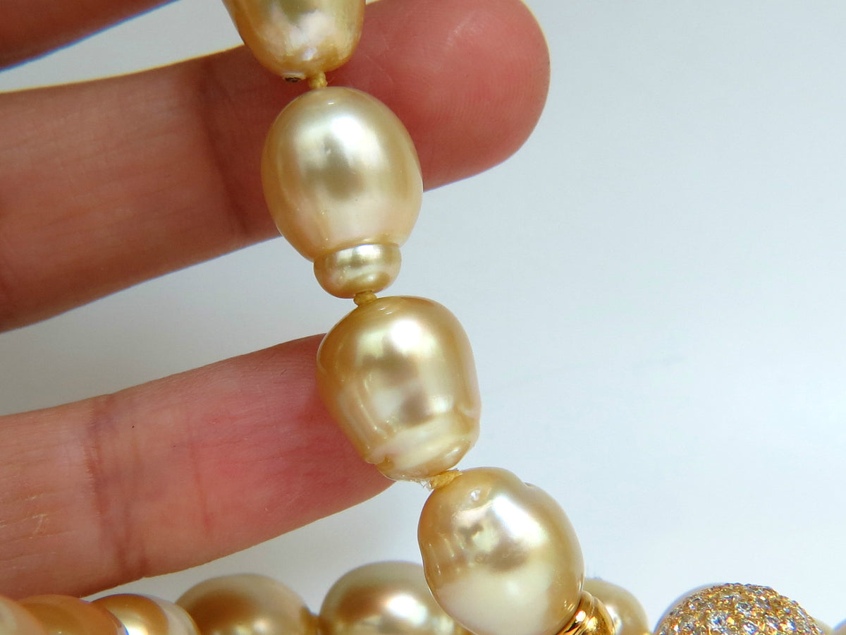 18KT 14.5M NATURAL SOUTH SEA YELLOW PEARLS NECKLACE 2.00CT DIAMOND CLASP *v