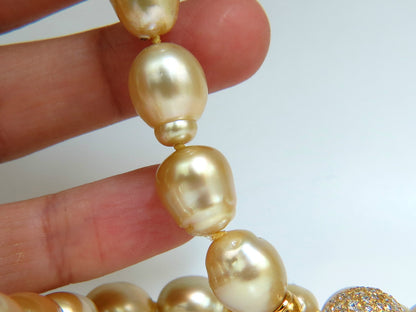 18KT 14.5M NATURAL SOUTH SEA YELLOW PEARLS NECKLACE 2.00CT DIAMOND CLASP *v