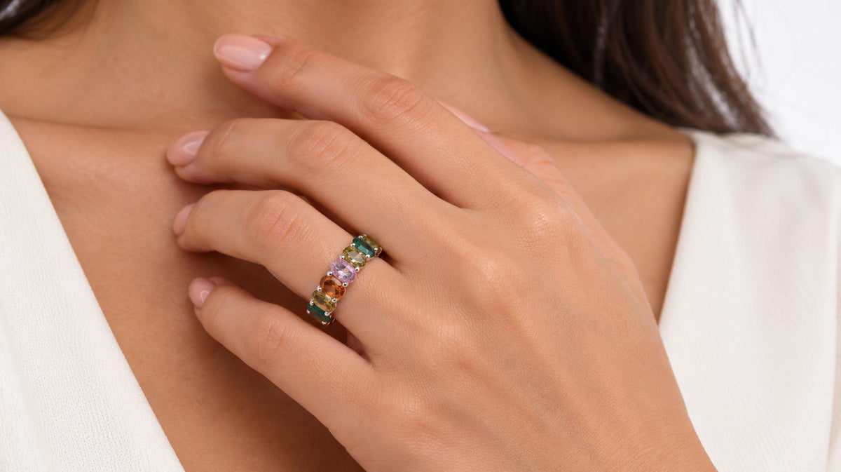 10ct Natural Multicolor Sapphire Emerald Eternity Ring Size 7 95555