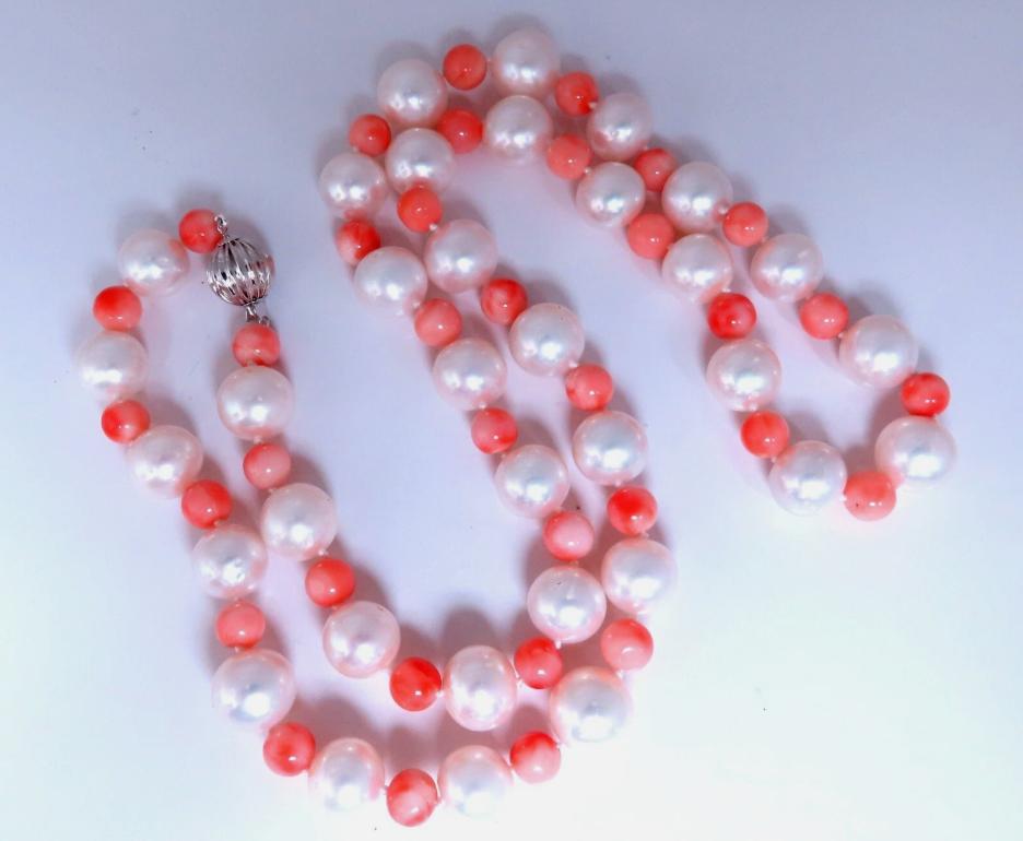 10mm freshwater Pearl Coral necklace 14kt Gold 12246
