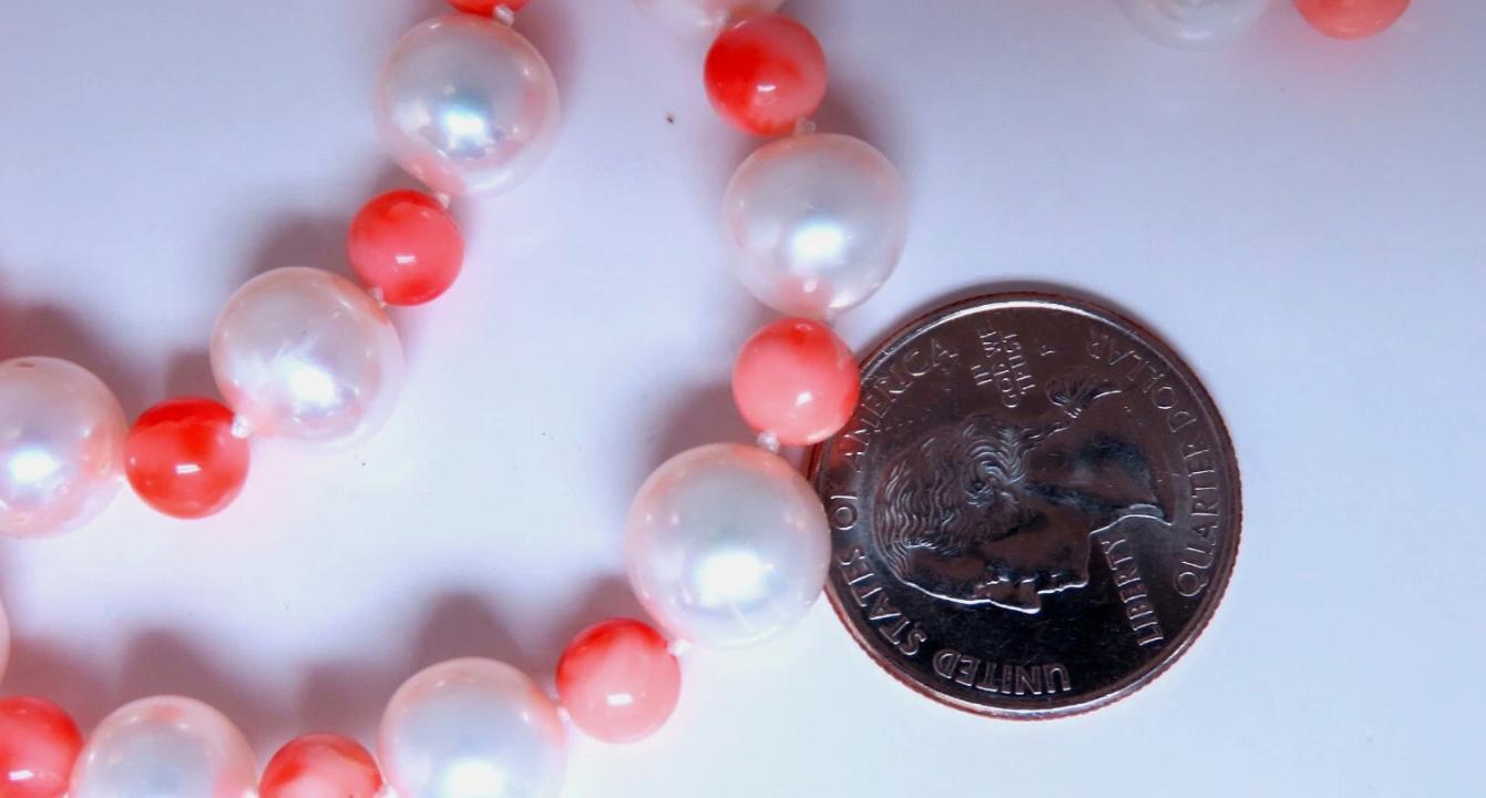 10mm freshwater Pearl Coral necklace 14kt Gold 12246