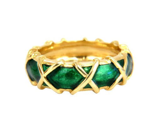Vintage 18 Karat Gold Eternity X Green Enamel Ring 45441**