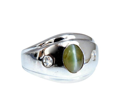 1.55ct.Natural Green Chrysoberyl Cats Eye Diamonds Ring 14 Karat 41974