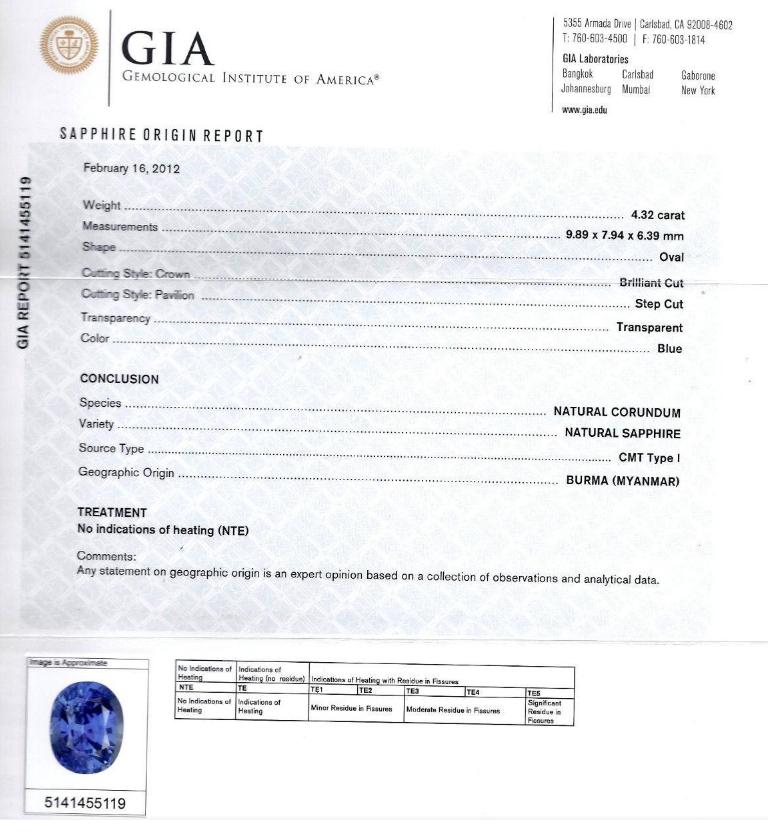 4.32ct Burma Natural No Heat Sapphire Diamond Ring Cocktail Unheated 41214 GIA**