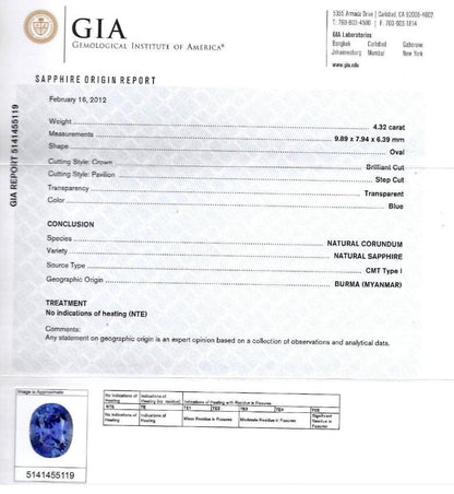 4.32ct Burma Natural No Heat Sapphire Diamond Ring Cocktail Unheated 41214 GIA**
