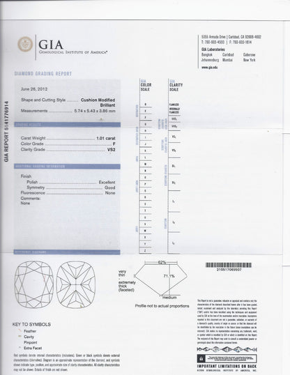 GIA 2.41CT F/VS CUSHION BRILLIANT NATURAL DIAMOND BAGUETTE PLATINUM RING *v