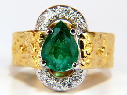 18KT GOLD 1.90CT NATURAL EMERALD DIAMOND RING HAMMERED DECO *v