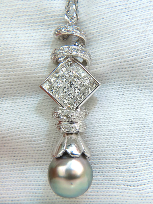 10.50MM NATURAL TAHITIAN PEARL & 1.10CT DIAMONDS PENDANT & NECKLACE 14KT *v