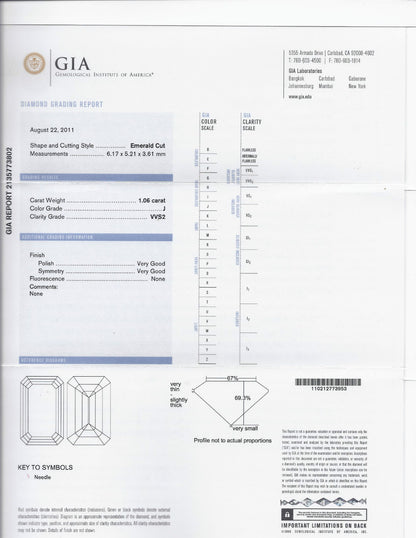GIA CERTIFIED 1.06CT BRILLIANT EMERALD CUT NATURAL DIAMOND RING J/VVS2 *v