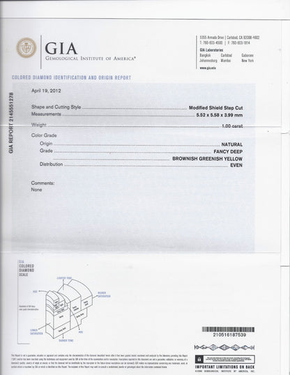 GIA CERTIFIED NATURAL FANCY GREEN YELLOW BROWN 1.00CT DIAMOND RING 18KT *v