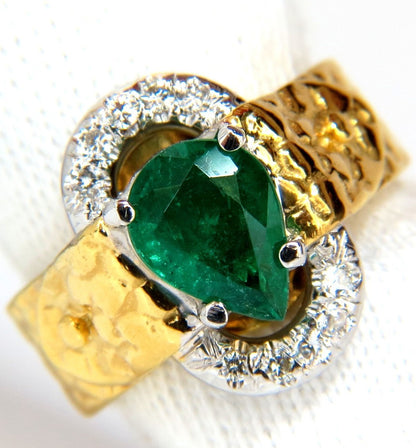 18KT GOLD 1.90CT NATURAL EMERALD DIAMOND RING HAMMERED DECO *v
