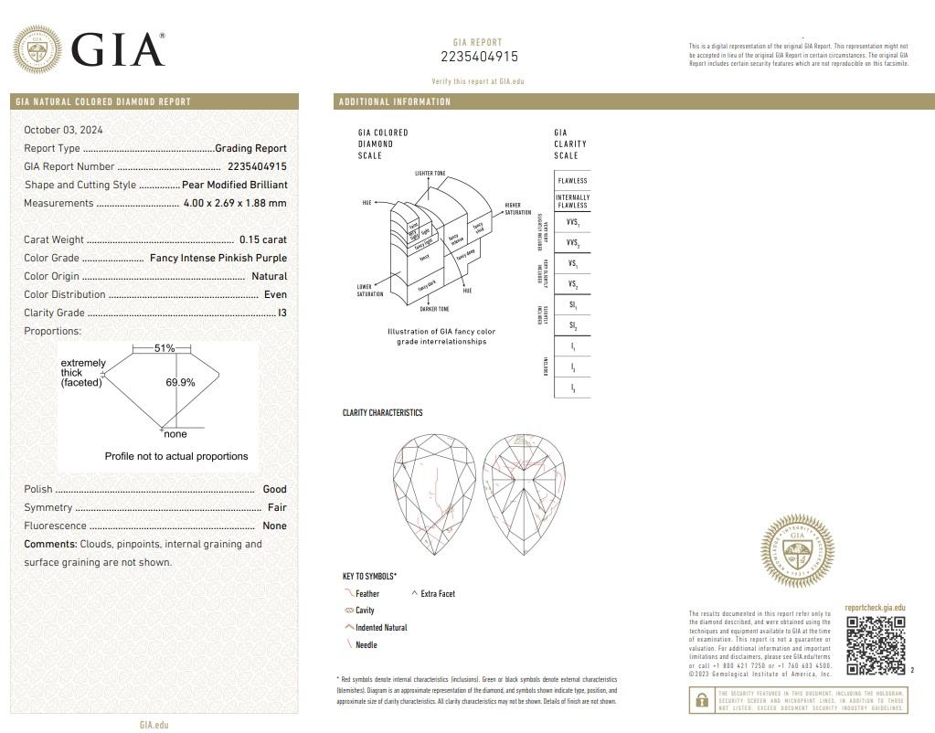GIA certified .15ct Fancy Intense Pink Purple Diamond Loose 41114 **