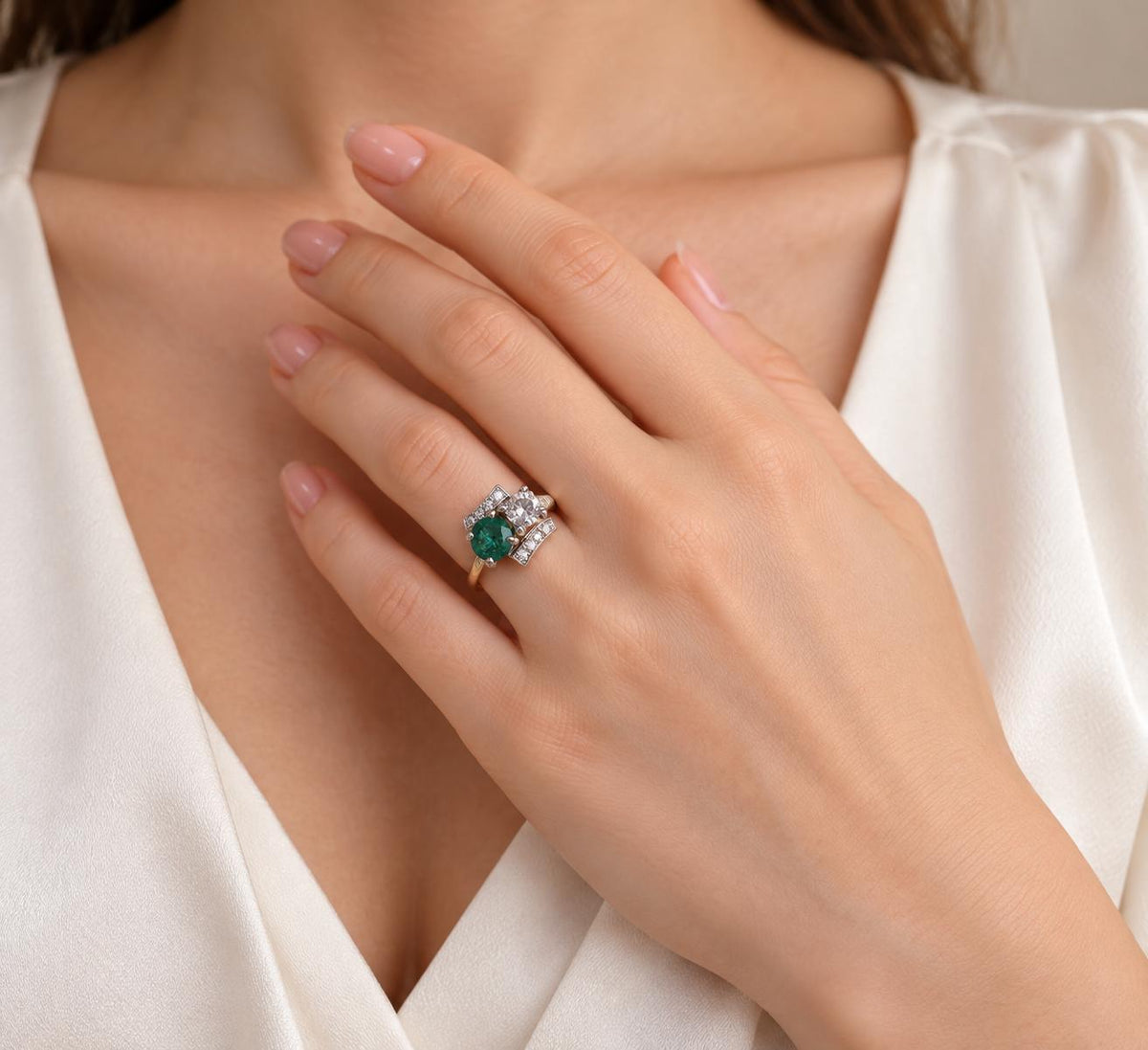 Vintage .69ct Natural Emerald & Old Mine Diamond Ring 14K Yellow Gold 95583
