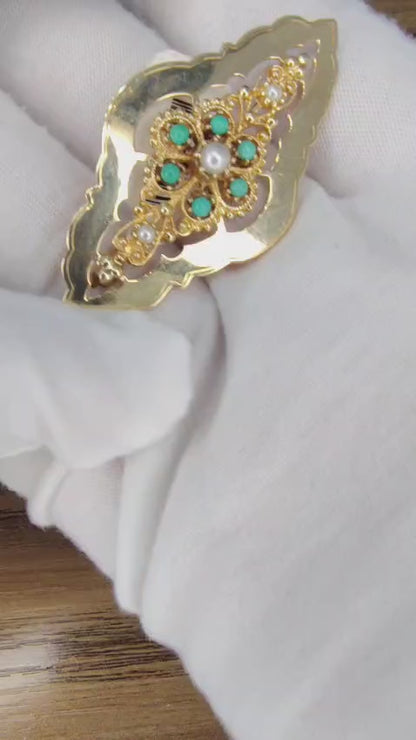 Natural Turquoise & Seed Pearl Open Gilt Etching Patterned Pin 14 Karat *v
