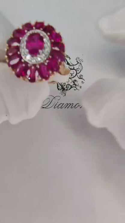 AIGS Certified 1.16ct Natural Ruby Diamonds cluster ring Ballerina No Heat *v
