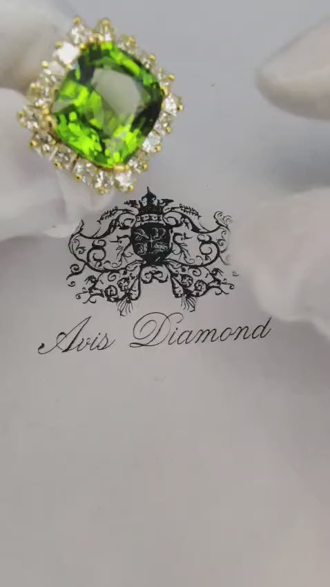 GIA 15.25ct NATURAL VIVID GREEN CUSHION PERIDOT DIAMOND RING COCKTAIL *v