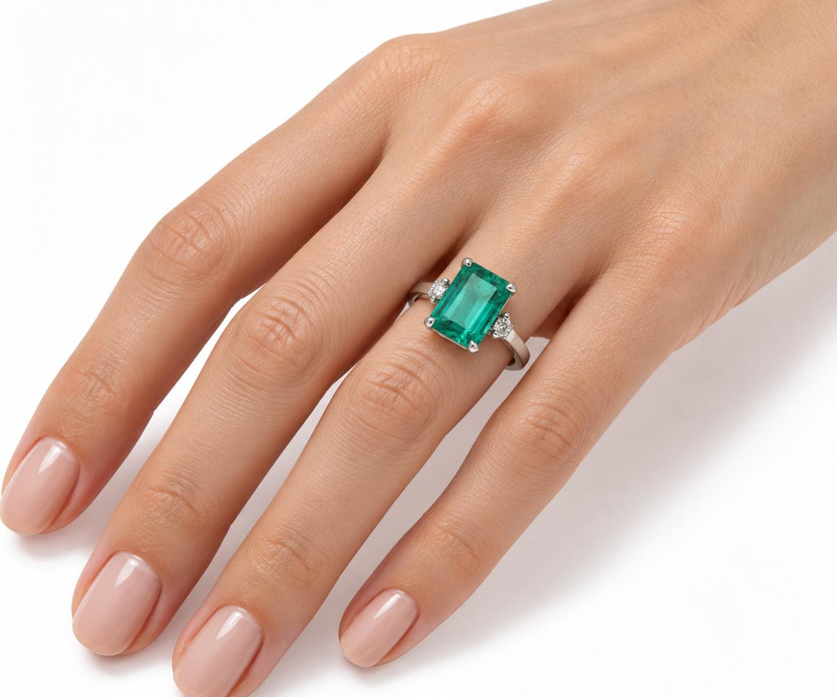 Vivid Green Lab Created 3.52ct Emerald diamond Ring 14kt. gold 95575