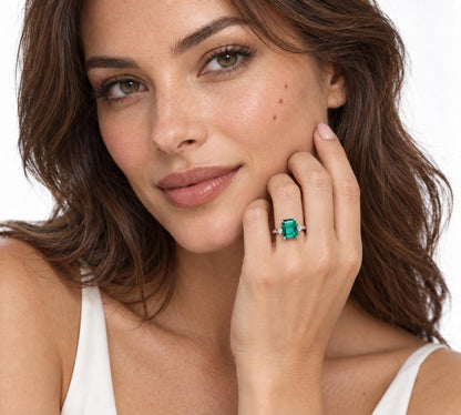 Vivid Green Lab Created 3.52ct Emerald diamond Ring 14kt. gold 95575