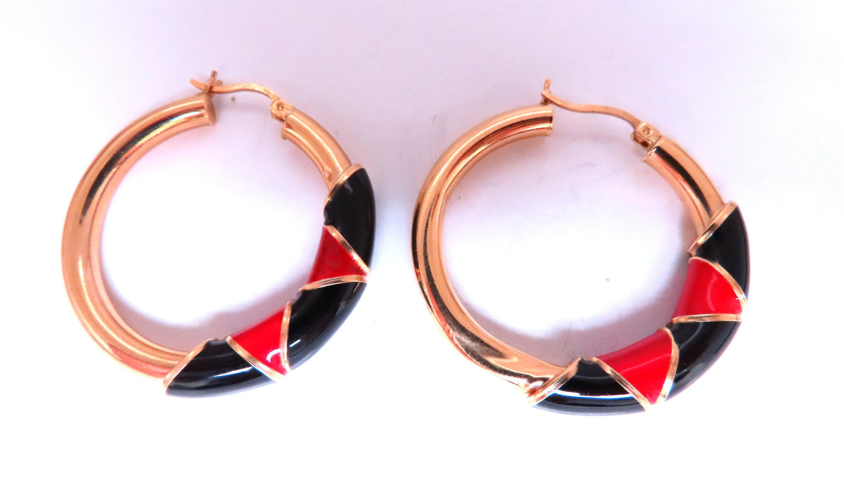 Red Black Enamel Tubular Hoop Earrings 14kt yellow gold 45477 *v