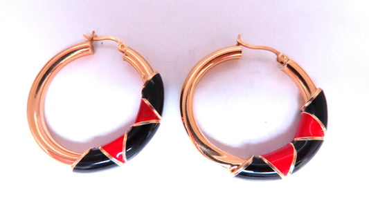 Red Black Enamel Tubular Hoop Earrings 14kt yellow gold 45477 *v
